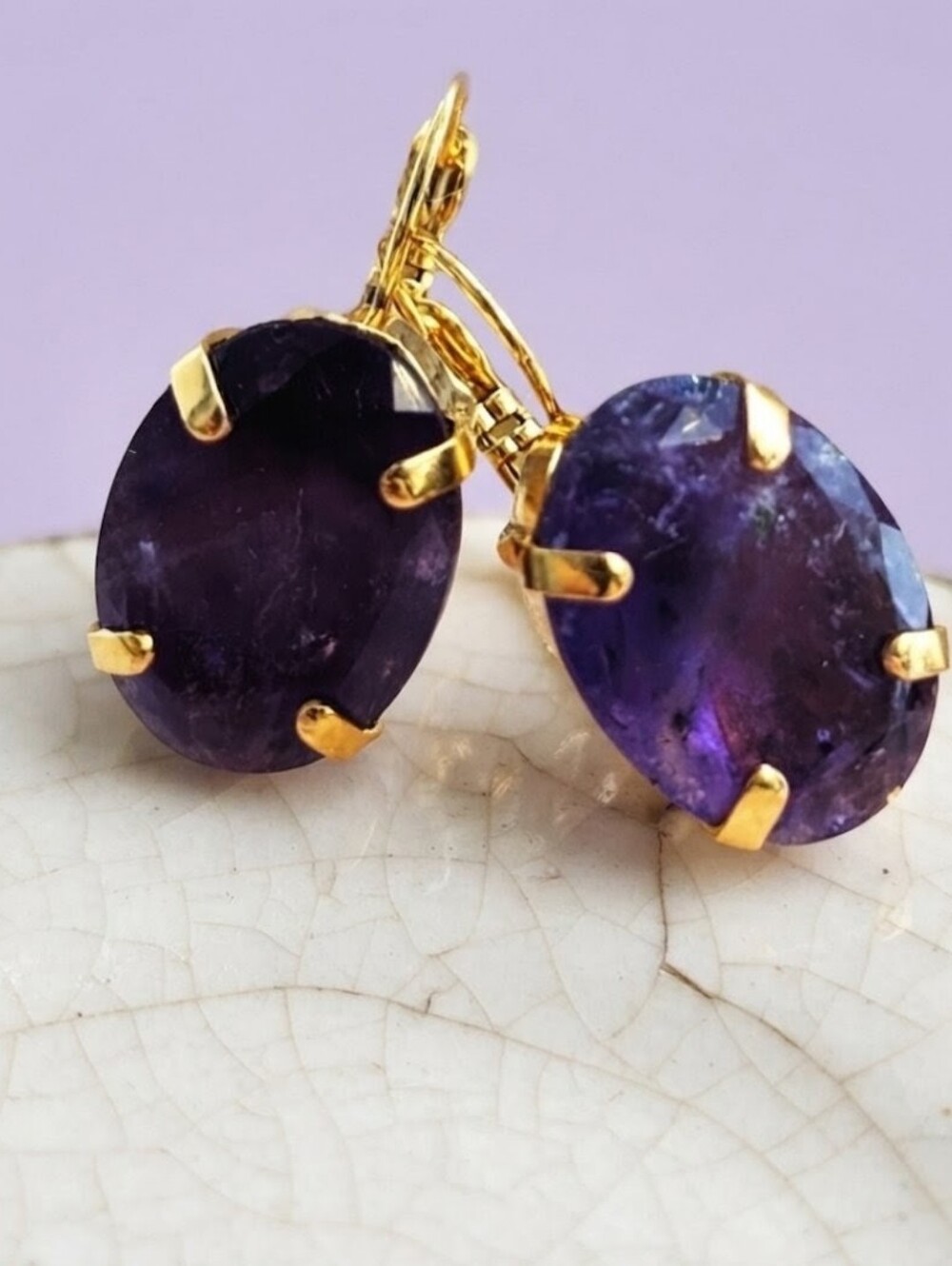 Genuine Natural Untreated Purple Amethyst Large Set On 18k Gold Plated Earrings